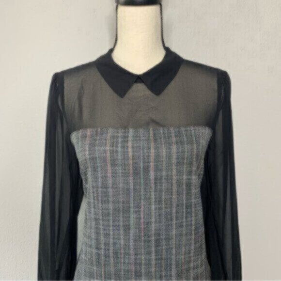 NWT BCBGeneration Black Sheer Sleeve Twill Plaid Pattern Dress - Picture 7 of 15